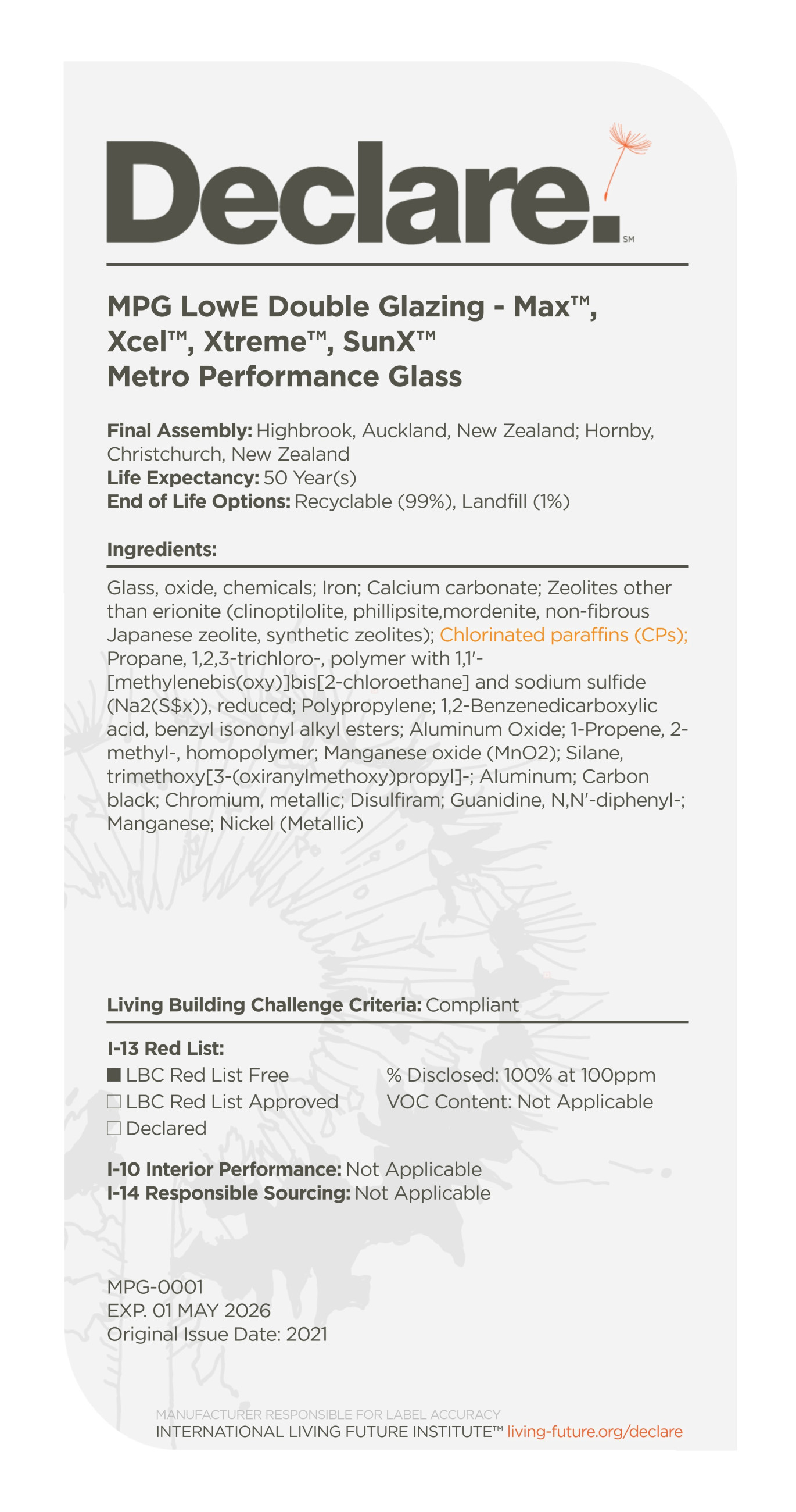 Form declaring double glazing glass ingredients