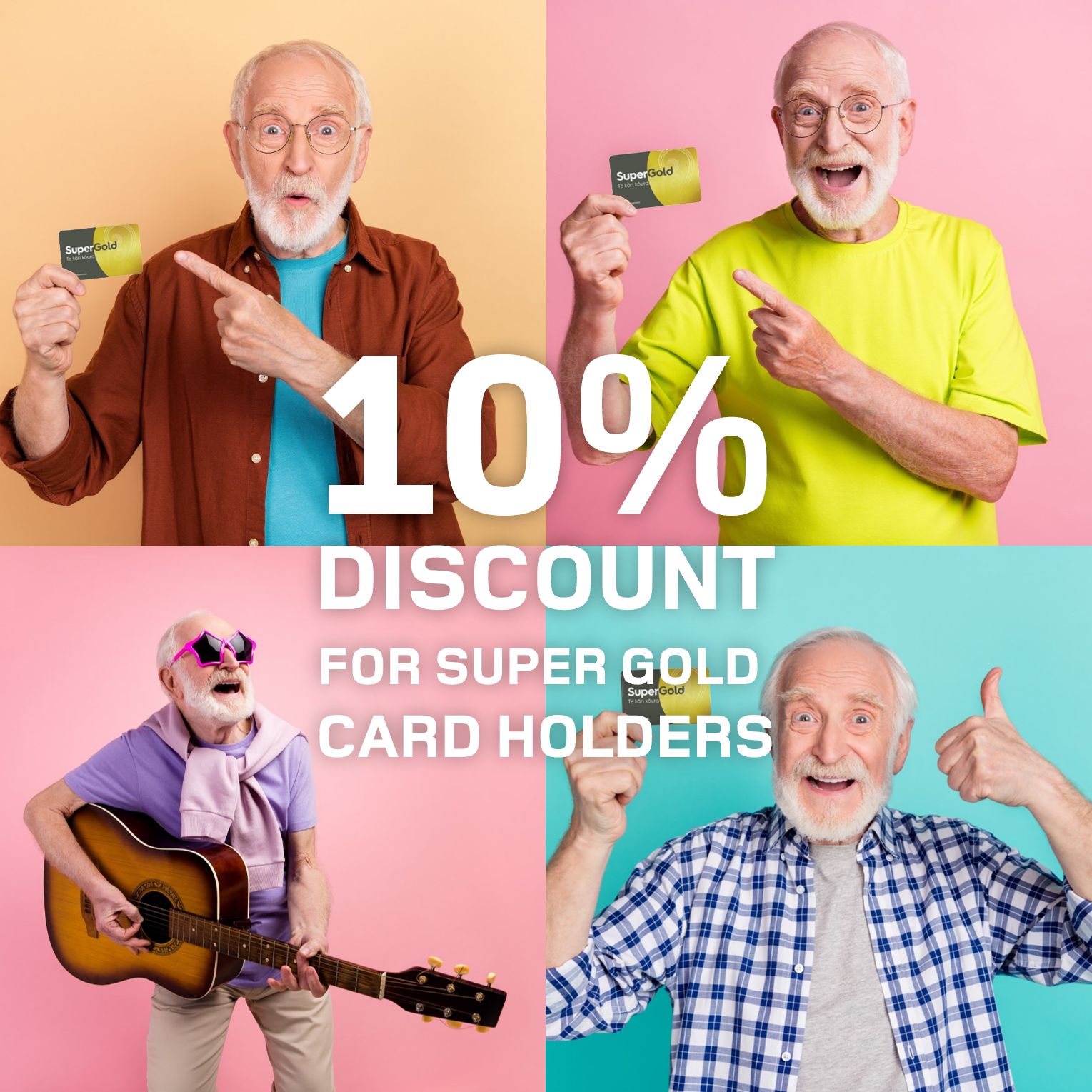 A man celebrating 10% discount for super gold card holders